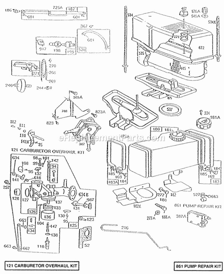 Air CleanerCarburetorFuel Diagram and Parts List for  Briggs and Stratton Engine